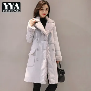 

2019 Winter Women Faux Suede Leather Long Coat Fur Lining Padded Jacket Slim Fit Casual Double Breasted Overcoat Pink Outwear