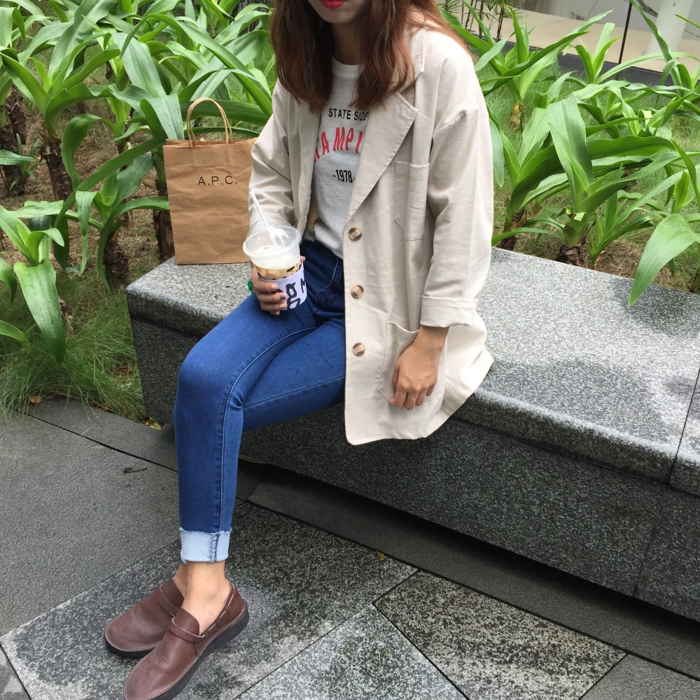 Women 's autumn new style retro European and American style casual suit collar long cotton and linen suit jacket coat