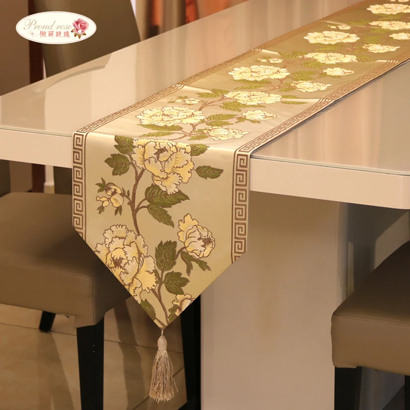 Proud Rose Chinese Style Satin Table Runner Table Cloth Home Decor Table Flag With Tassel Creative Table Cover Table Linens Linens