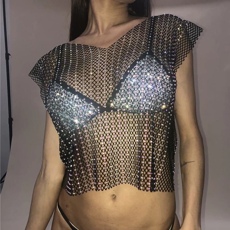 

Summer Sexy Metal chain Mesh Plaid Women Crop Tops Short shirt Hollow Sequin diamonds Beach Nightclub Party Camis Tank top 2019