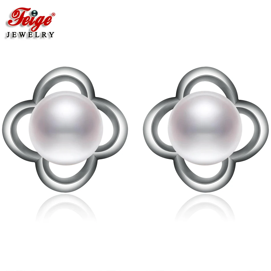 FEIGE Pearl Jewelry 925 Sterling Silver Stud Earrings for Women 8-9MM White Freshwater Earring Fine Lady Gift | Украшения и