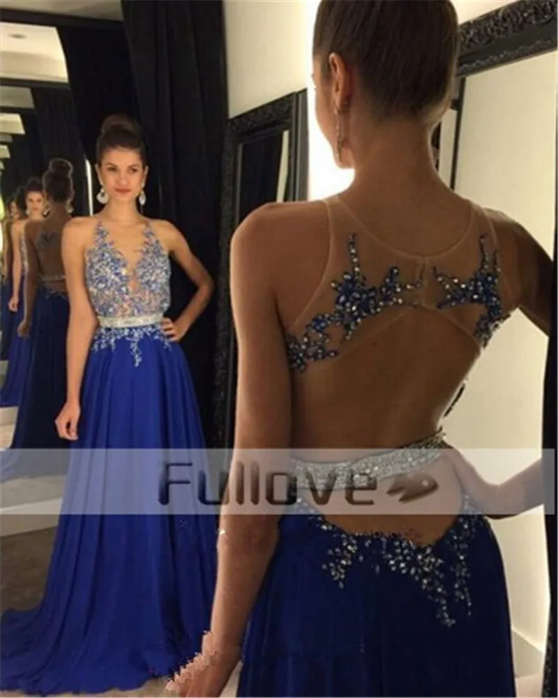 Elegant Royal Blue Rhinestone Beaded A-Line Evening Dresses Long 2019 Backless Crystal Sashes Formal Party Gowns Vestido De Gala