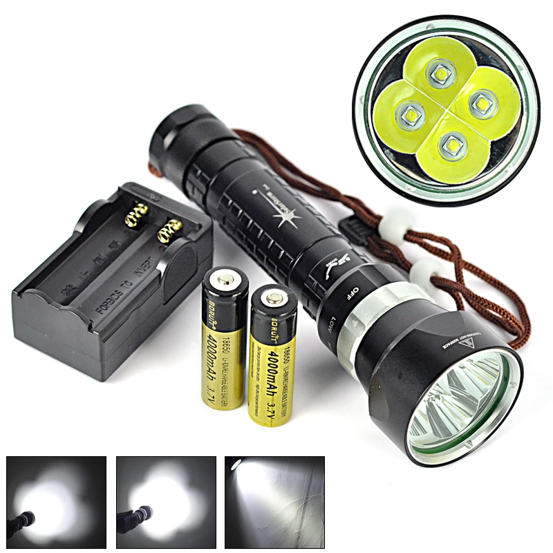 

6000 Lm 3 Mode 4x XM-L L2 LED Diving Flashlight 80M Waterproof Underwater Diver Torch LED Flash Light 18650 Battery with Charger
