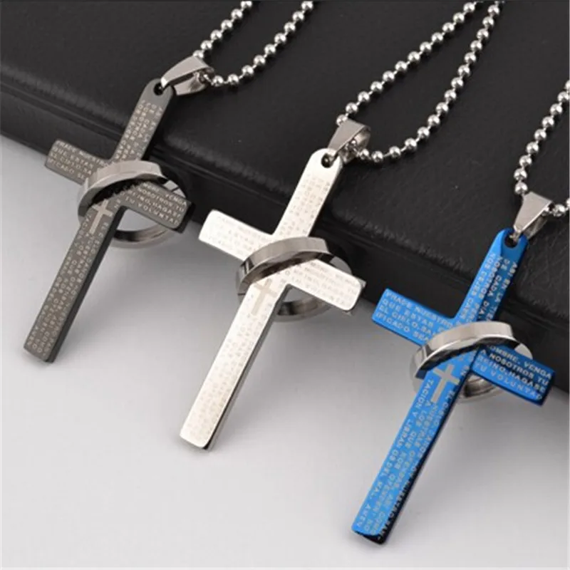 

LEMOER Brand Fashion Stainless Steel Bible Cross Necklace Men Prayer Cross Necklaces & pendants collier Jewelry Lovers Gift