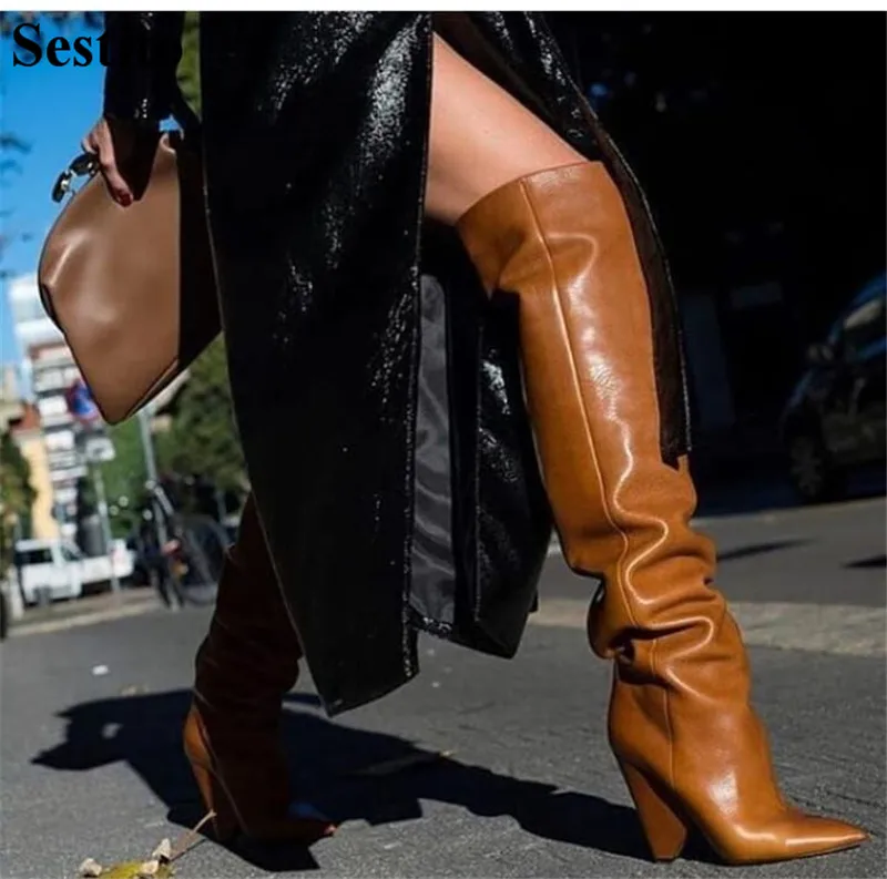 

Fashion Brown Red Spike Heels Catwalk Woman Boots Pointed Toe Over-the-Knee Boots Women Slip-on Long Boots Autumn Women Shoes
