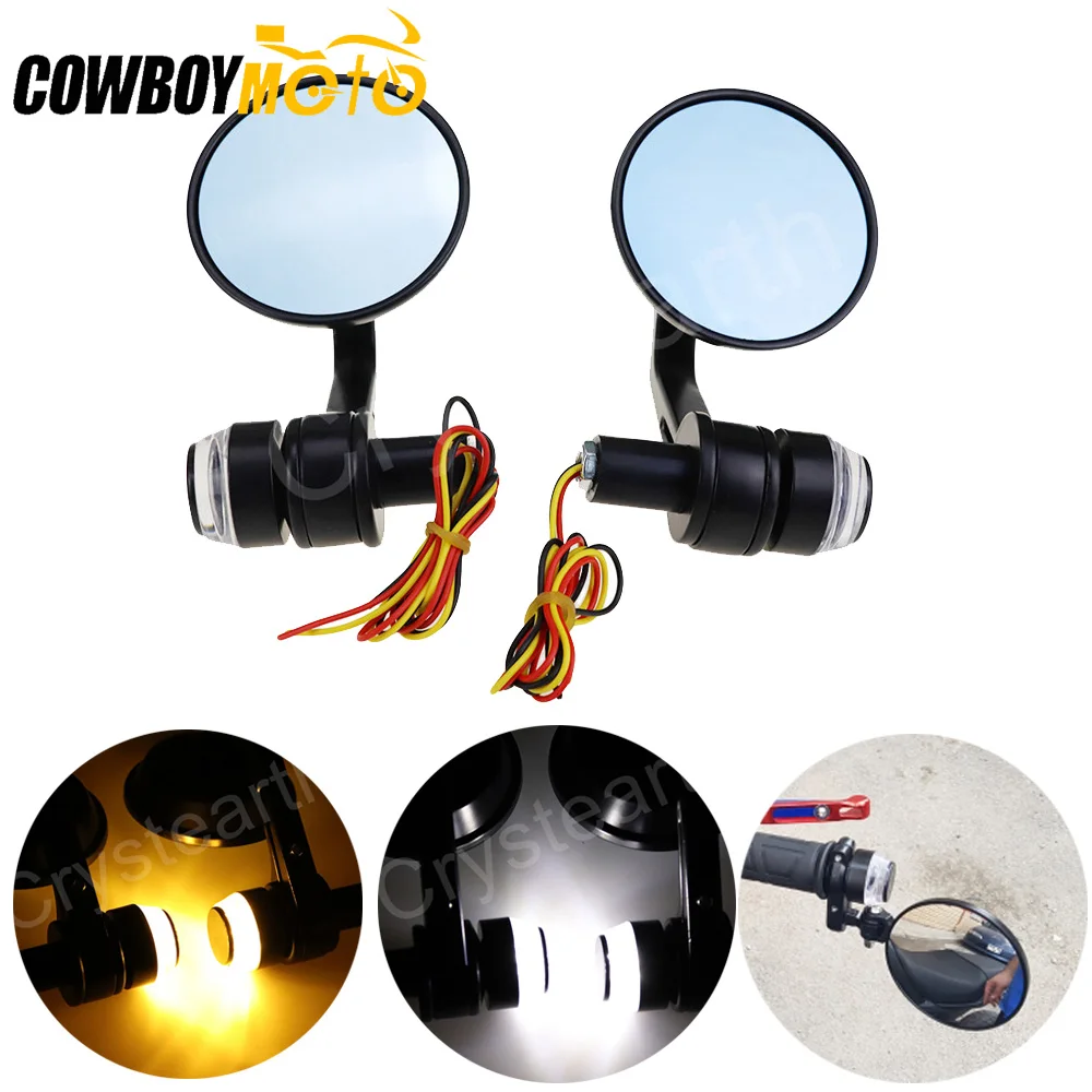 

7/8" Round Motorcycle Rear View Mirrors Motorbike Handle Bar End Rear View Mirrors With LED Turn Signals Black Cafe Racer Mirror