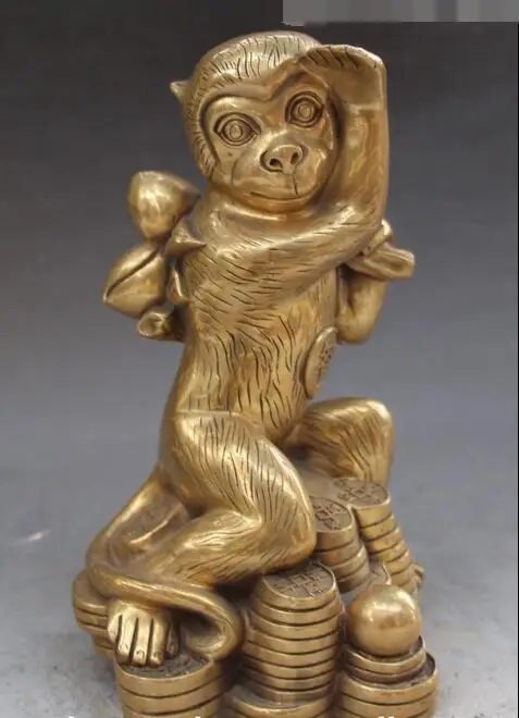

free 10" Chinese Bronze Wealth Yuanbao Monkey Monkeys Animal Hold Peach Statue fast