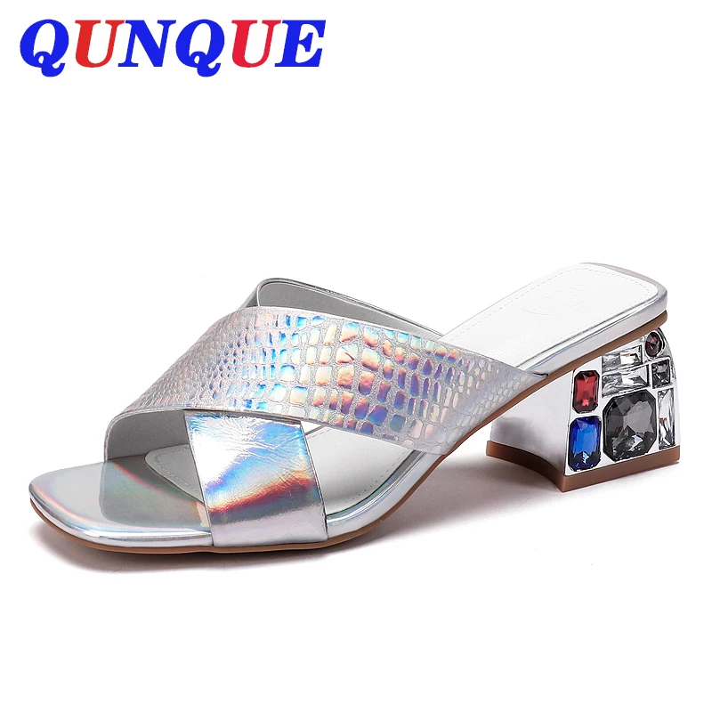 Women Genuine leather slippers Open toe High heel Slippers Rhinestone Thick heel Cross-strap Women slippers Size 42