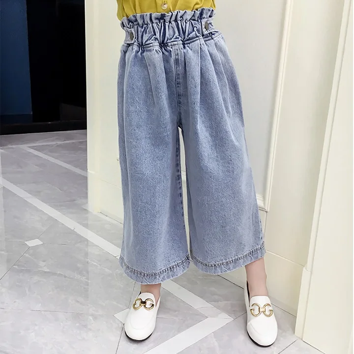 Casual Girls Loose Pants Baby Kids Clothes Fashion Elastic Waist Girls Jeans Wide Leg Pants for 6 8 10 12 Years Vestidos - Color: Blue