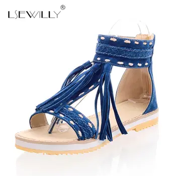 

Lsewilly Summer 5 Colors Women Tassel Sandals Blue Purple Ladies Flat Heels T-straps Shoes Woman Plus Big Size 33-43 S224