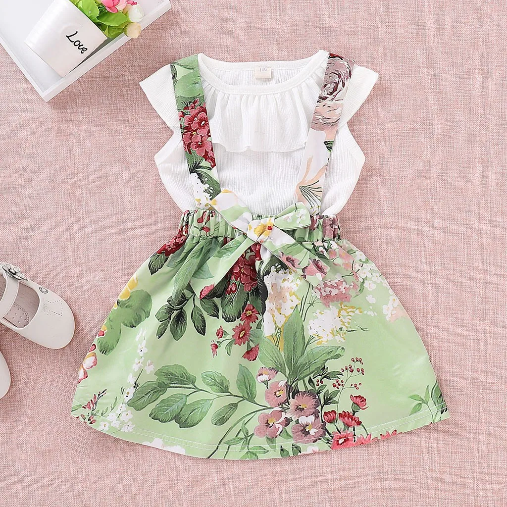 Toddler Baby Girls clothes Sleeveless Romper Solid Ruffles Tops Floral Baby Toddler Girls Kids Overalls Skirt Clothes Outfit