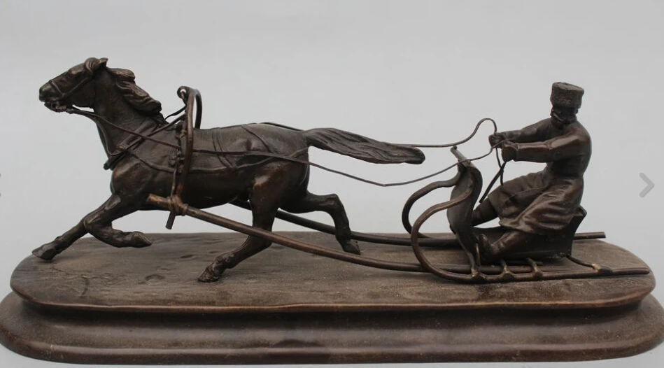9"Western Art sculpture Bronze Geezer Drive Horse sleigh car Statuein