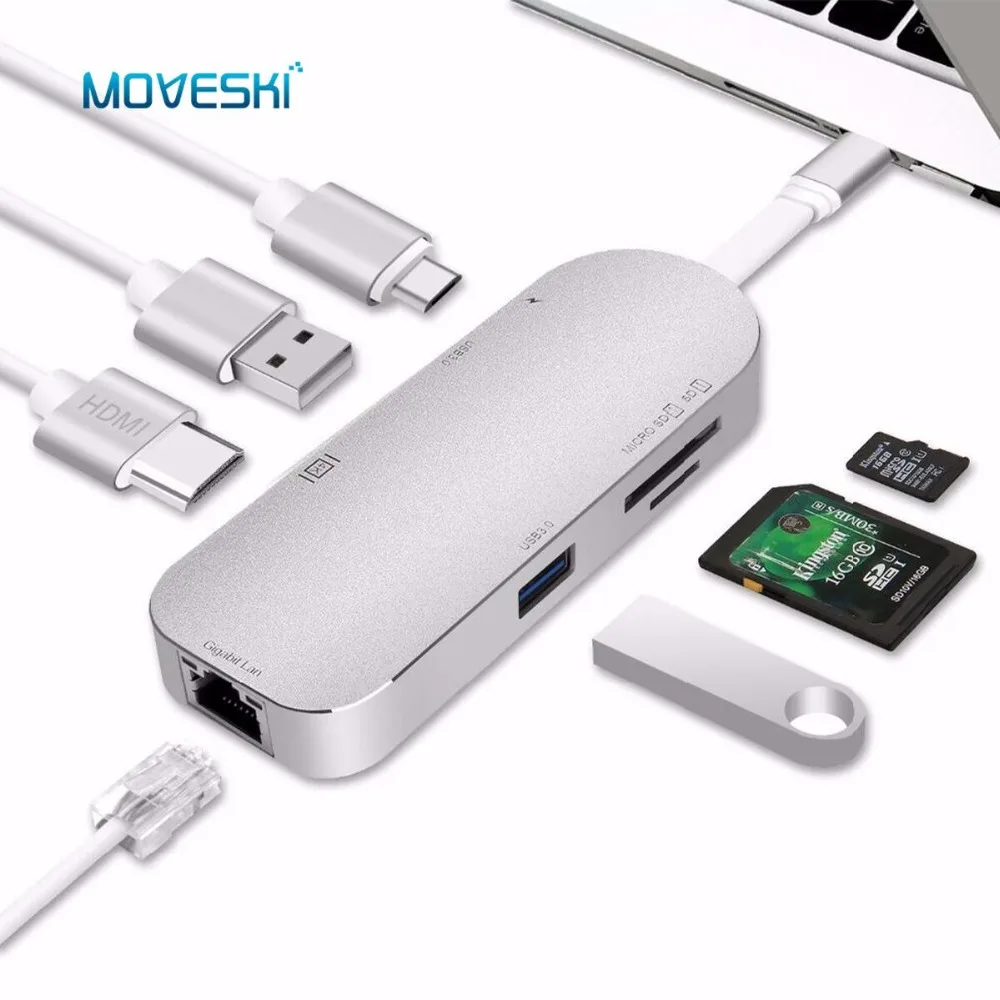 Алюминиевый концентратор Moveski YC206 Тип C 7 в 1 адаптер USB 3 зарядный порт с 4K HDMI портом