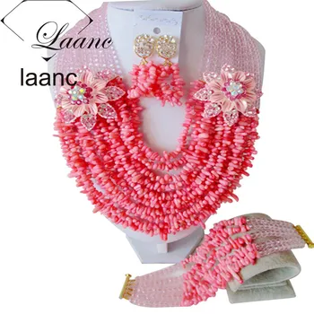 

Laanc Pink Crystal and Coral Beads Necklace Jewelry Set Women Dubai Bridal Necklace and Earrings Sets AL574