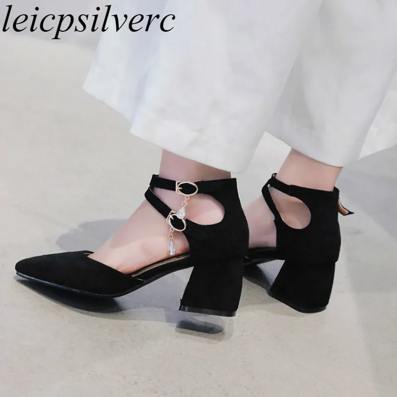 

Women Sandals Shoes High Heel Flock Pointed Toe Crystal Double Buckle 2018 Summer Sexy Fashion Casual Wedding Black Pink Beige