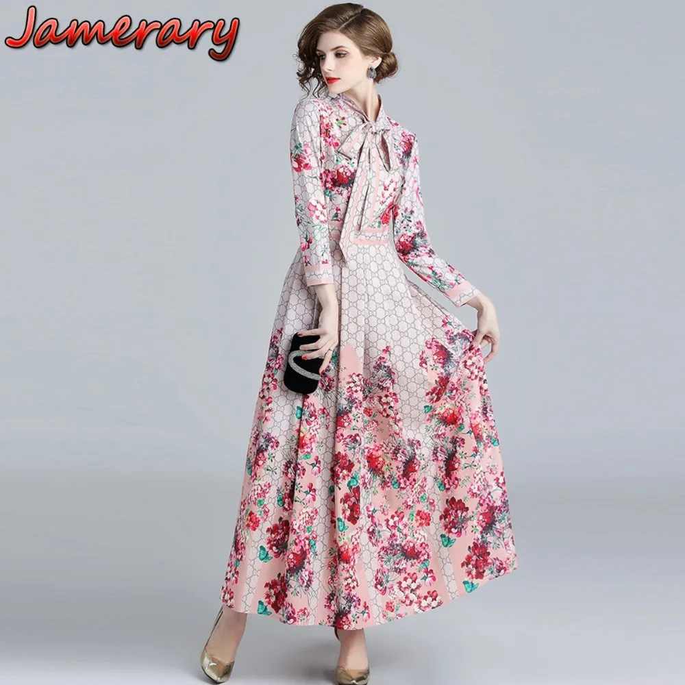 Осенняя Женская мода на шнуровке с буквенным принтом, цветочное Платье макси с длинным рукавом, элегантное качественное клетчатое платье в горошек - Цвет: Pink Grey