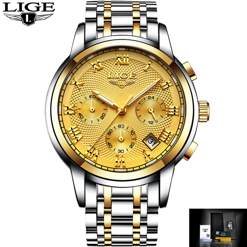 Relogio Masculino LIGE новые часы Для мужчин Элитный бренд хронограф Для мужчин спортивные часы Водонепроницаемый полный Сталь кварцевые Для мужчин часы - Цвет: All gold S