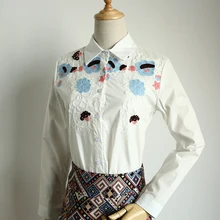 New 2016 spring autumn cotton small fresh female Embroidery Flower shirt blouses lapel long sleeve Slim white shirt tops D529