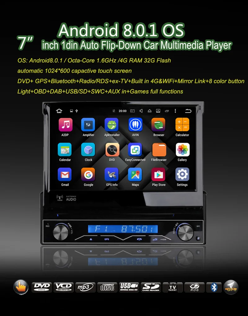 Android 8,0 1din авто флип вниз Съемная панель Автомобильный dvd-плеер с 4G WiFi gps DAB+ DVBT автомобильный Радио Аудио встроенный gps карта