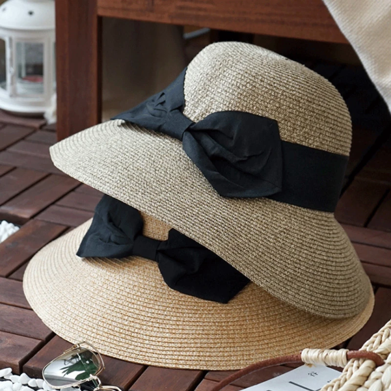 Ladies Womens Wide Brimmed Floppy Hats Foldable Straw Caps Summer Sun Beach Bow