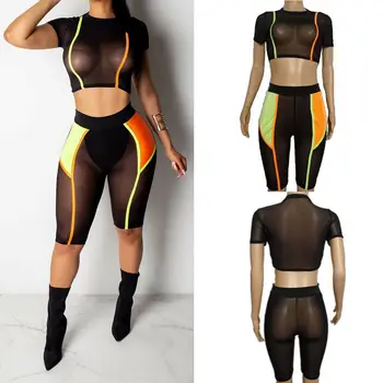 

Ladies Women's Short Sleeve Sheer Mesh SEE THROUGH Plain Tops Pants Jumpsuit Set