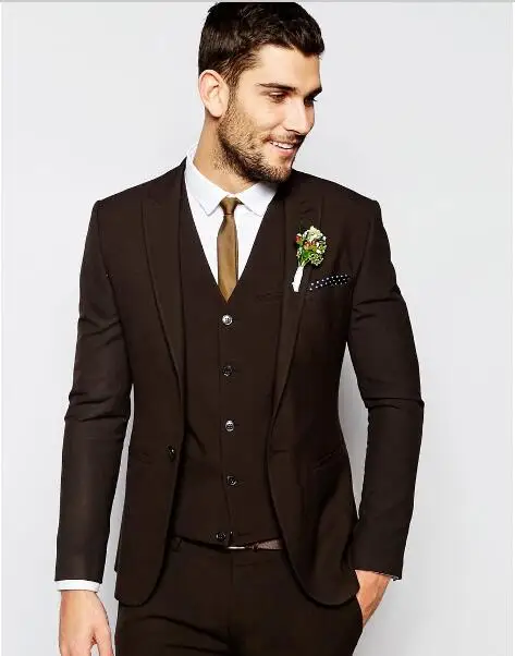 26-1 New men suit best man lapel groom dress dark brown men the most suitable wedding suit custom(jacket + pants + vest, tie)