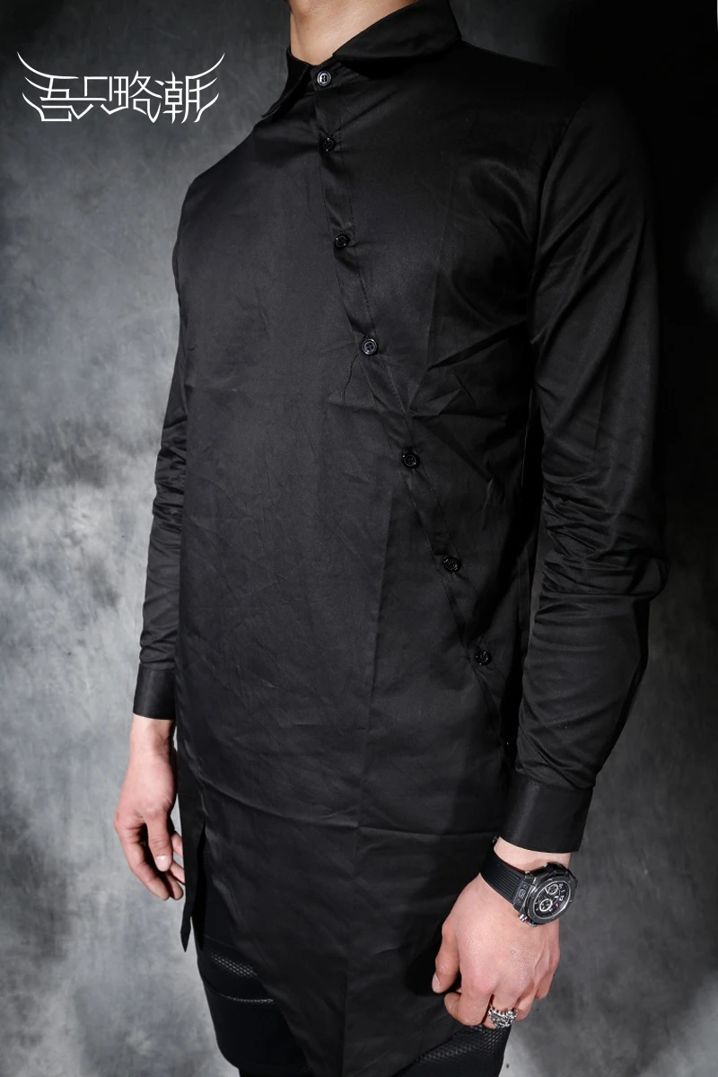 M-5XL мужская одежда Весенняя рубашка индивидуальность Наклонный Пряжка средней длины Асимметричная короткая рубашка плюс размер певица костюмы