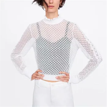 

2019 New women's laminated decorative knitted sweater long Sleeve Ruffled Collar pullovers hollowed-out white tops