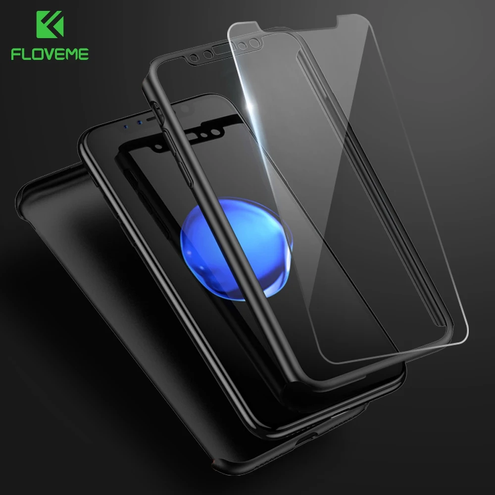 FLOVEME 360 Case For iPhone XR XS Max X Full Protective Cover For iPhone 7 8 6 6s Plus 5 5s SE Tempered Glass Film Phone Fundas