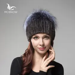 MOSNOW 2018 Новая модная норка меховые зимние шапки для Для женщин Фокс пушистый помпонами лук Повседневное трикотажные Для женщин Шапки