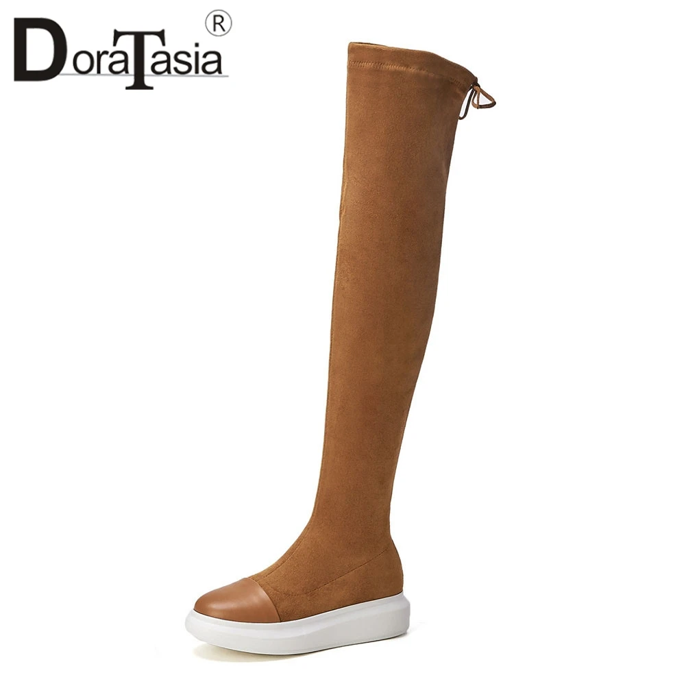 

DORATASIA New Fashion Over The Knee Boots Cow Suede Flat With Cross Tied Zip Shoes Woman Casual Party Soft Autumn Winter Boots