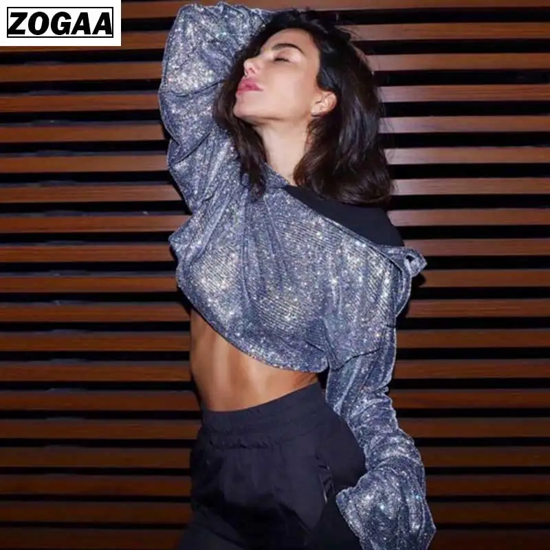 

Women Short Exposed Navel Hoodies Silvery Casual Sexy Nightclub Clothing Cool Girls high Street fashion Hip Hop Sweatshirts