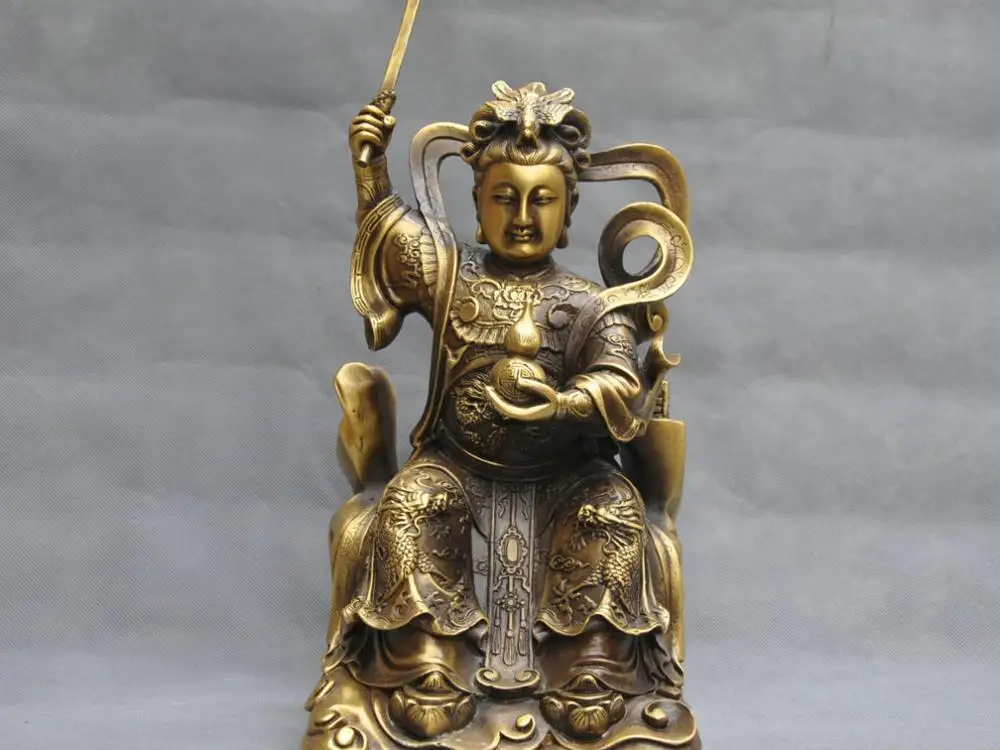 

13'' China Myth Goddess Warrior Hold Sword Gourd Dragon Bronze Statue