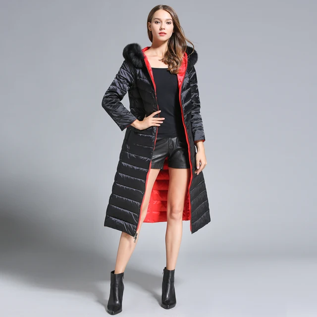 Cheap High Quality Women Winter down Coats 90%White duck+10% feather Double sided warm -45C fur hat X-Long Down Coats Four Colors