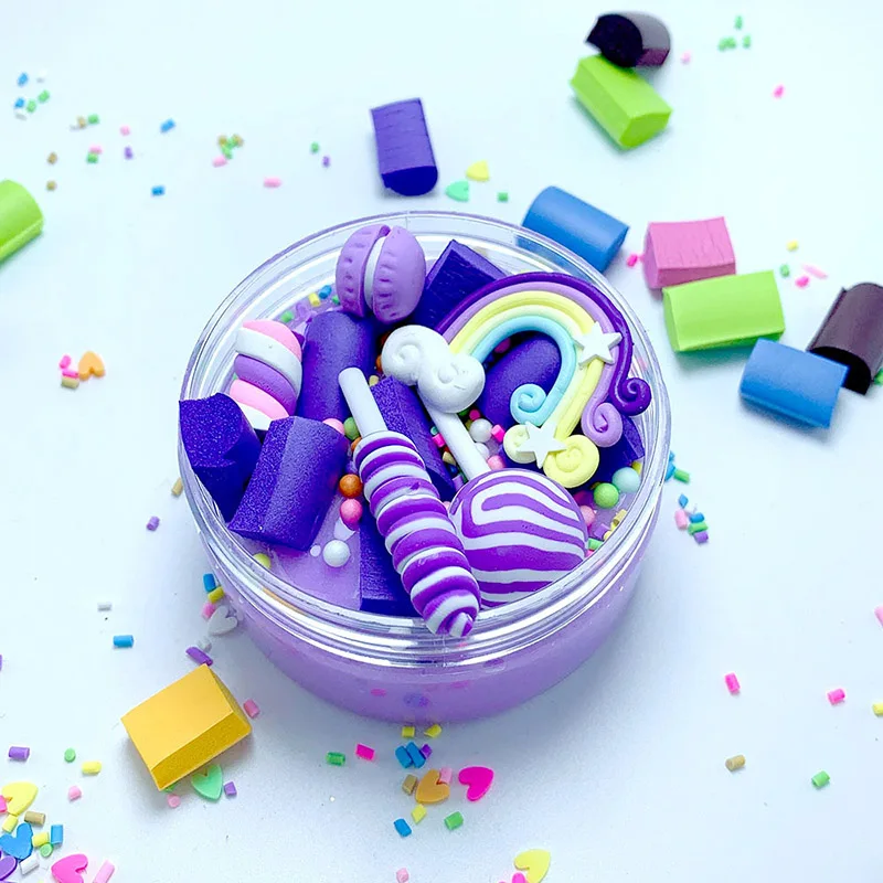 Радужный леденец амулеты прозрачный слизи мягкая глина пластилиновые игрушки цветной Лизун дети рельеф стресс игрушка пушистый слизи развивающая игрушка - Цвет: Purple