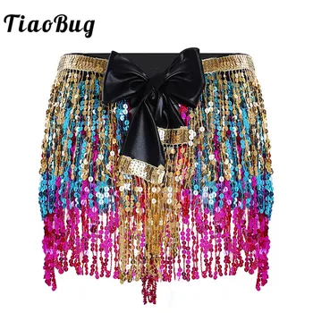 

TiaoBug Women Belly Dance Costume Sequins Tassel Holographic Sexy Dance Skirt Female Festival Rave Hip Scarf Performance Clothes