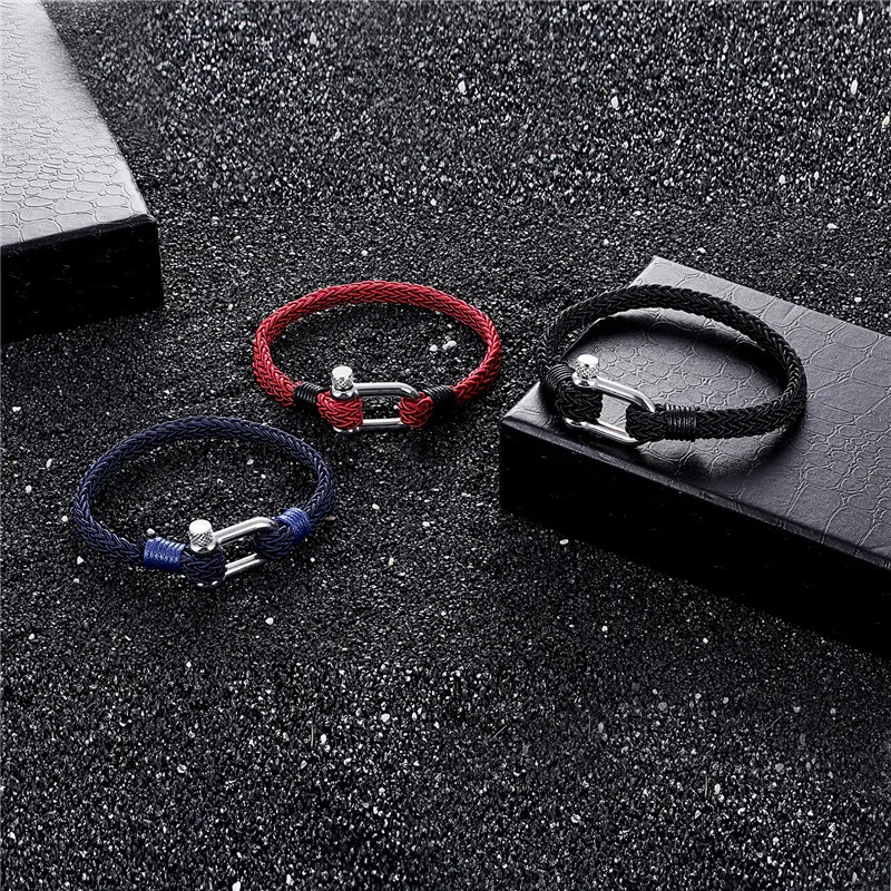 MKENDN New Fashion navy style Sport Camping Parachute cord Survival Bracelet Men with Stainless Steel Shackle Buckle Jewelry