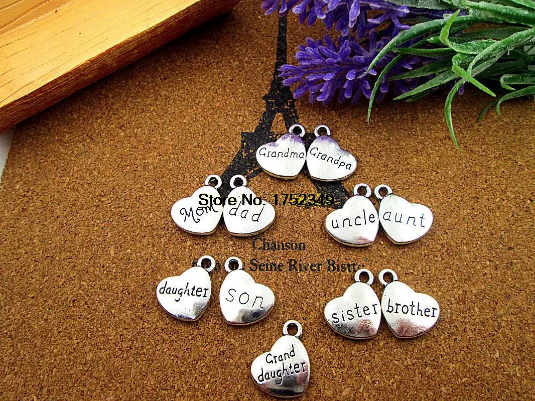 

12pcs 18*15mm silver heart Charms,dad,mom,son,daughter,sister,broher,uncle,aunt,grandma,grandpa,granddaughter charm Pendant