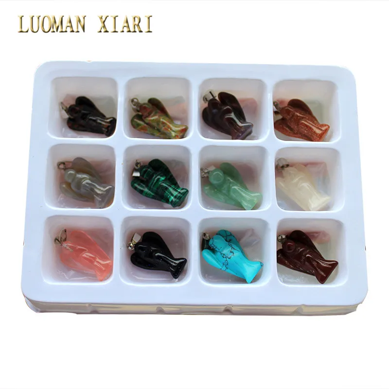 

Wholesale Mix Multi-style 12 PCS Boxed Angel Shape Natural Stone Charms Pendant Fit DIY Necklaces For Jewelry Making 19*22 mm