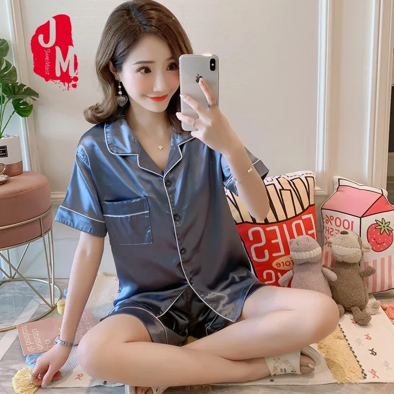 

Summer Short Pajama Set Women Silk Satin Sexy Sleepwear Pyjamas Short Set Solid Pajamas Big Size M L XL 2XL 3XL 4XL 5XL Homewear