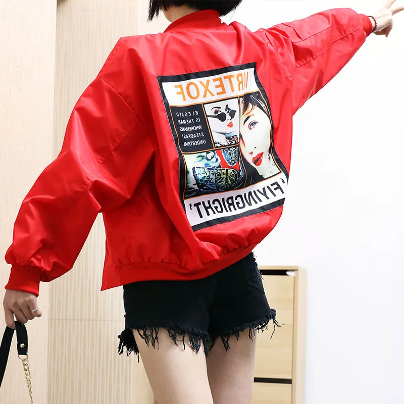 Весна Осень Повседневная короткая бейсбольная куртка женское корейское свободное тонкое пальто женская модная одежда с длинным рукавом и принтом красный черный