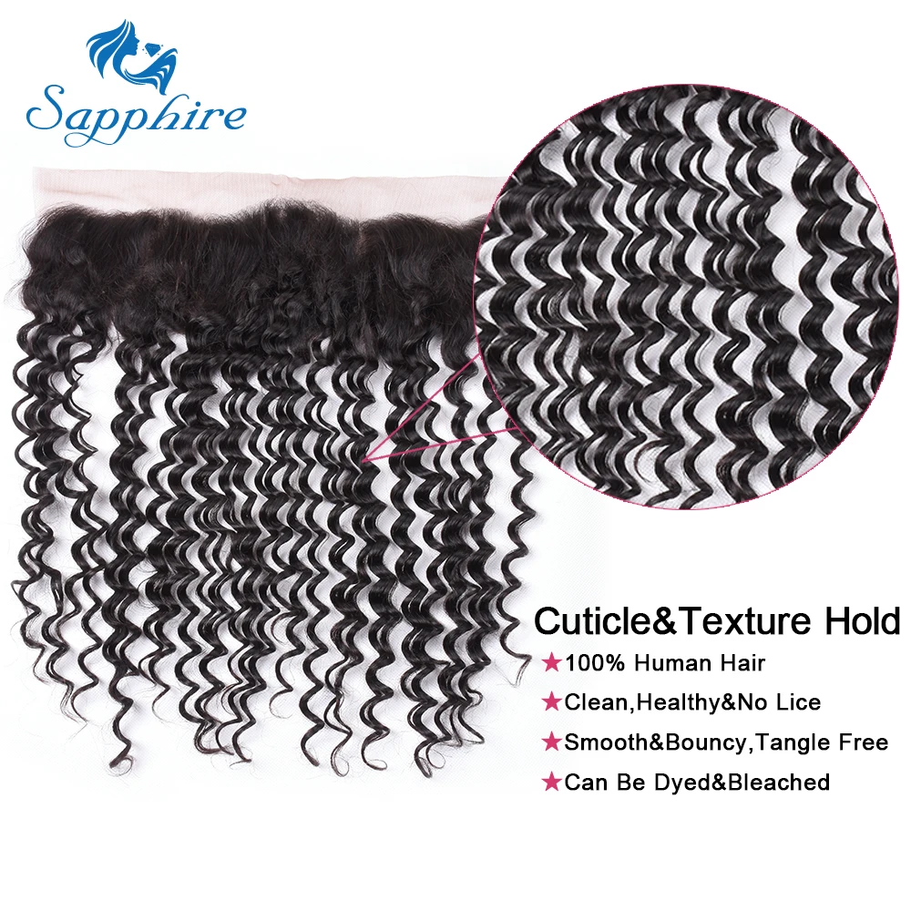 Sapphire Hair Brazilian Deep Wave 13*4 Lace Frontal Closure Human Hair Extensions Ear To Ear Brazilian Deep Curly Lace Frontal