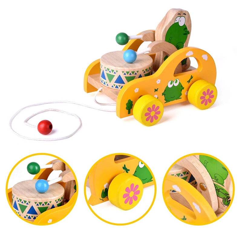 

Children's Hand Extended Leash Pull Toy Car Toddler Baby Toy Wooden Play Beat Sound Tractor Children Gift yellow/blue