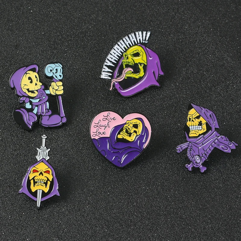 

He-Man and the Masters of the Universe Live Laugh Love Skeleton Skull Sword wand Halloween Enamel Brooches Pins For Friends