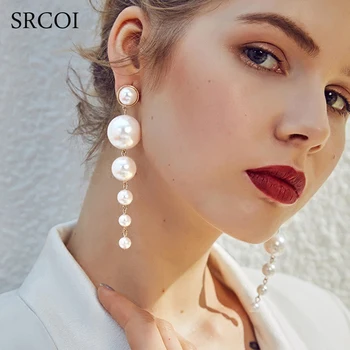 

SRCOI Trendy Elegant Created Big Simulated Pearl Long Earrings Pearls String Statement Dangle Earrings For Wedding Party Gift