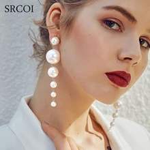SRCOI Trendy Elegant Created Big Simulated Pearl Long Earrings Pearls String Statement Dangle Earrings For Wedding Party Gift