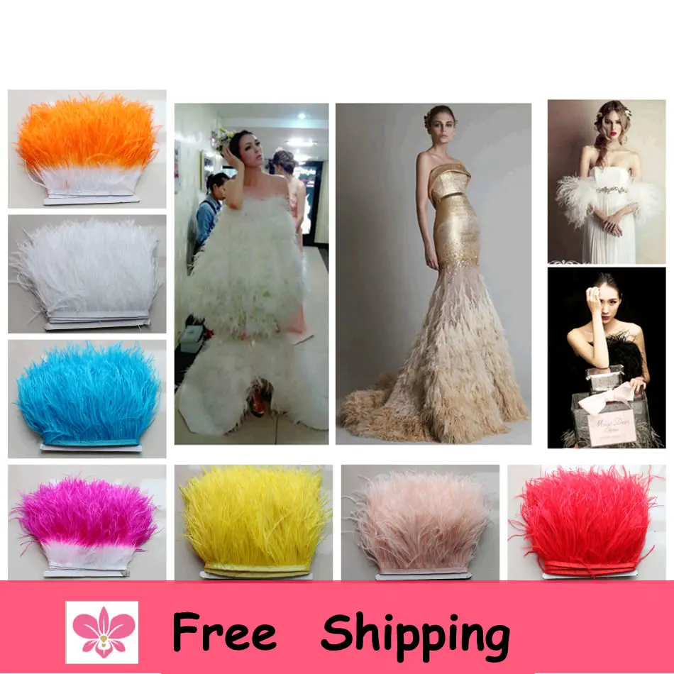 

Free shipping 3 yard/lot Ostrich feather trim 10-15cm hight Natural Ostrich Feather fringe DIY Feather Cloth wedding dress