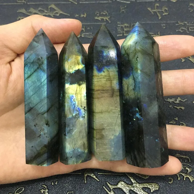 JX-LCLYL Natural Moonstone Labradorite Quartz Crystal Stone Point Healing Hexagonal Wand