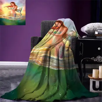 

Mermaid Throw Mermaid Playing Violin at Sunset View Colorful Realistic Design Soft Dreamlike Warm Microfiber Blanket