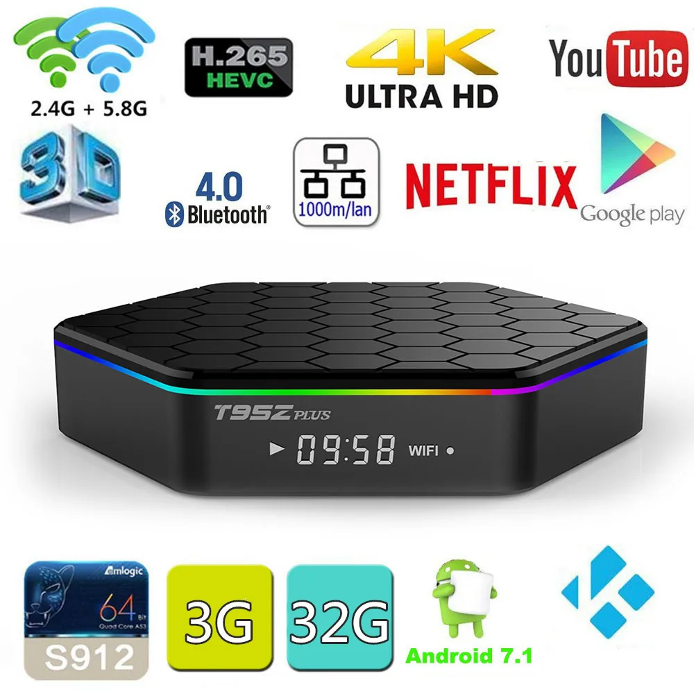 

TV Box Android WiFi S912 Quad Core Smart TV Box Remote 2+16GB ROM TF Set-top Box 4K Media Player Set-top Box T95Z plus